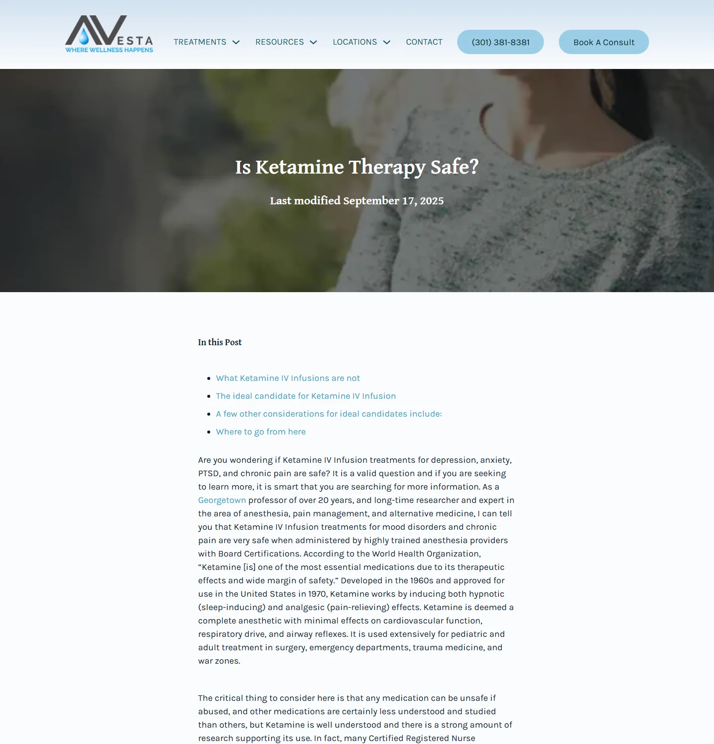 Previous Avesta blog post Is Ketamine Therapy Safe, with a photo banner, title and a plain bulleted contents list