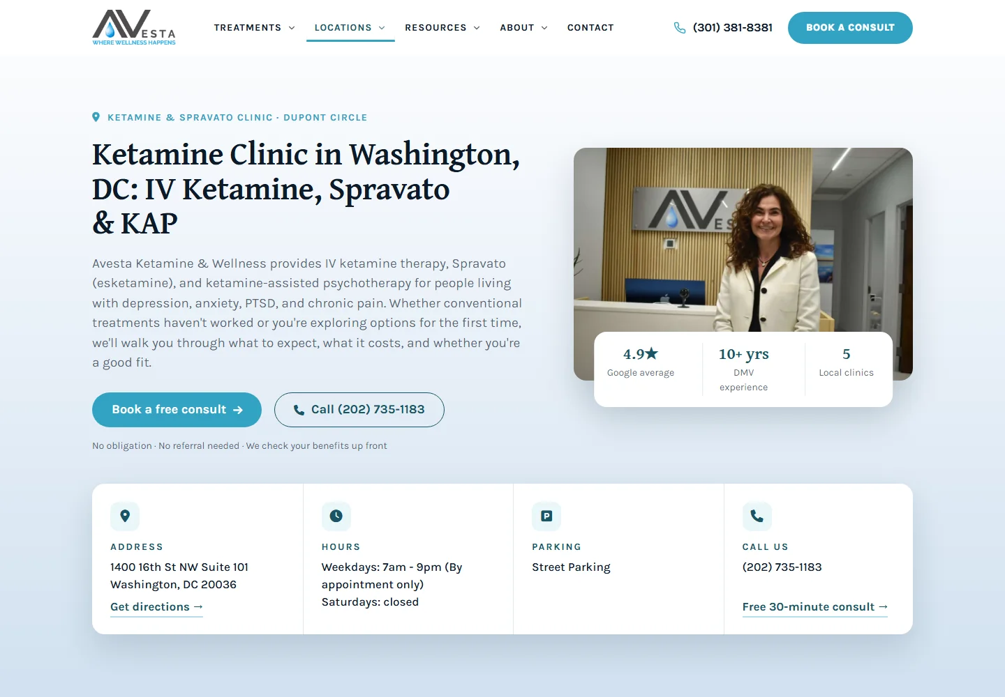 New Avesta Washington DC location page with rating panel, clinic facts and address, hours, parking and phone cards
