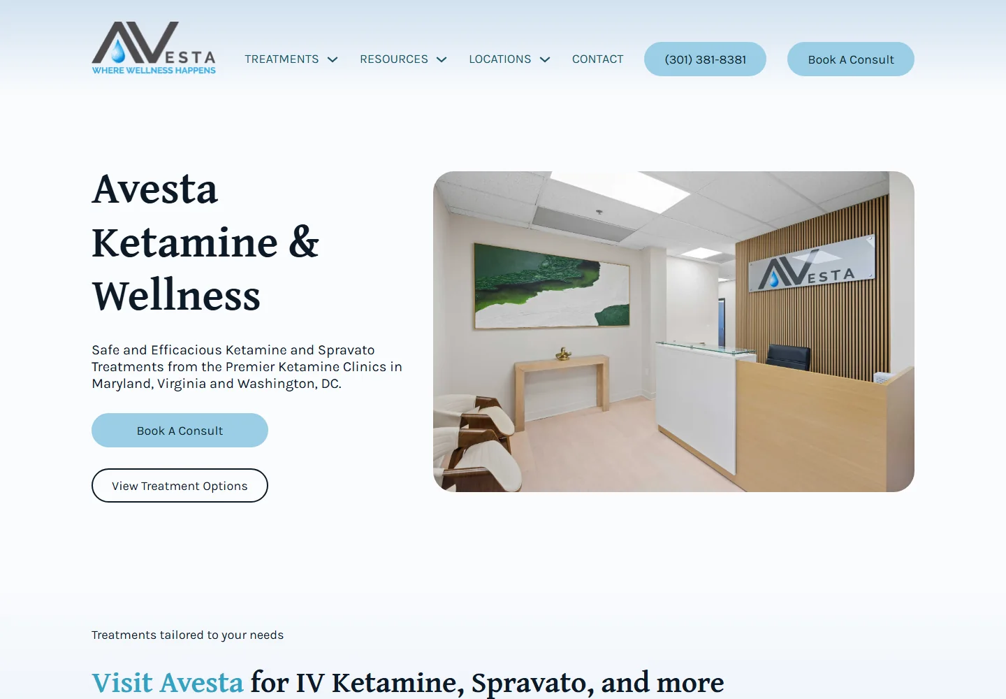 Home page of the previous Avesta Ketamine and Wellness website, above the fold
